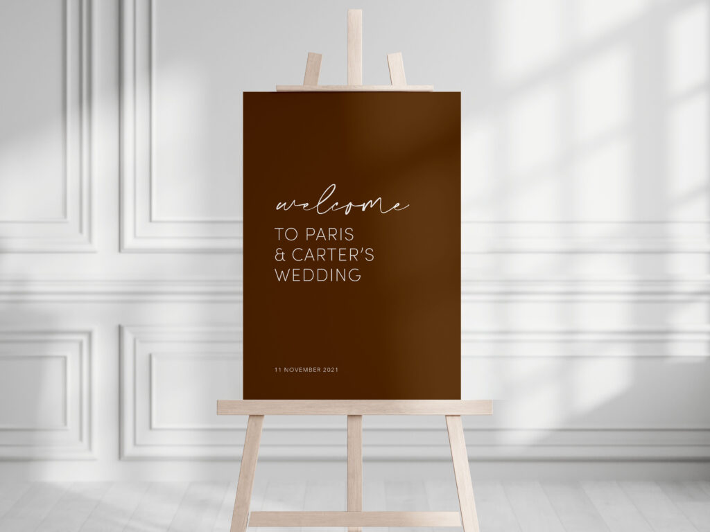 brown background minimal wedding welcome sign